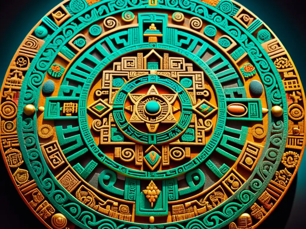 Detalle colorido de un intrincado calendario Azteca esculpido en piedra, mostrando la rica filosofía y rituales Aztecas