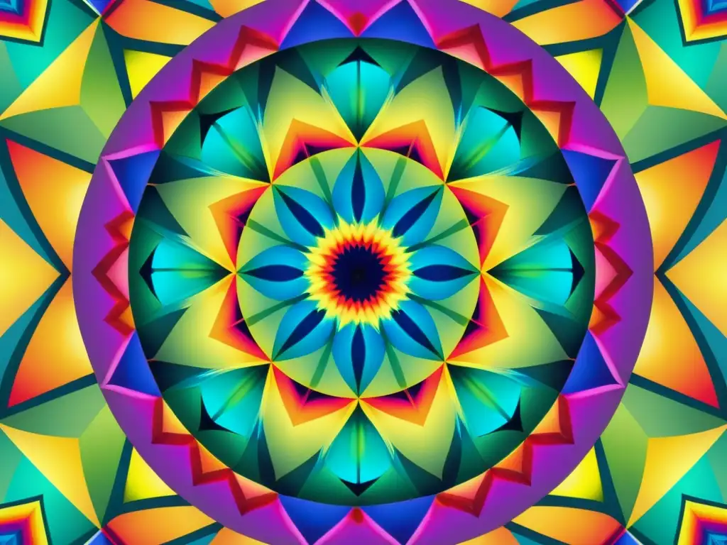 Detalle colorido y vibrante de un patrón de caleidoscopio, con formas geométricas hipnóticas y matices brillantes, capturando la energía y la creatividad en filosofía de la ciencia