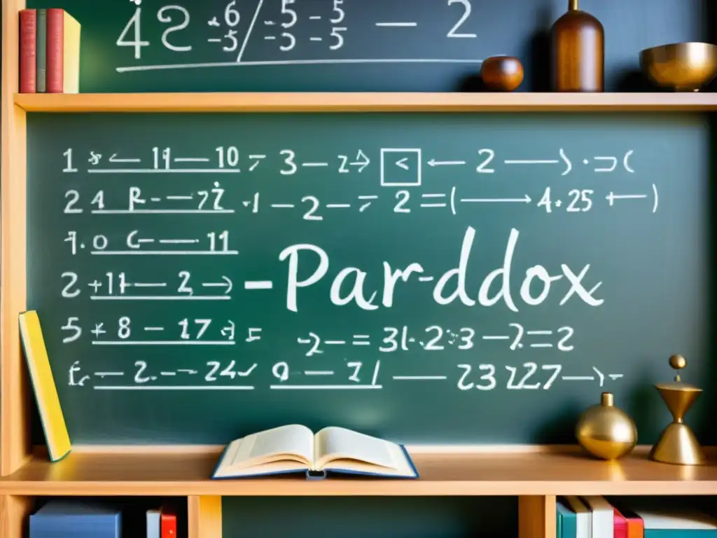 Detalle de compleja fórmula matemática en pizarrón, rodeada de libros y papeles, representando la Paradoja de Russell en lenguaje matemático