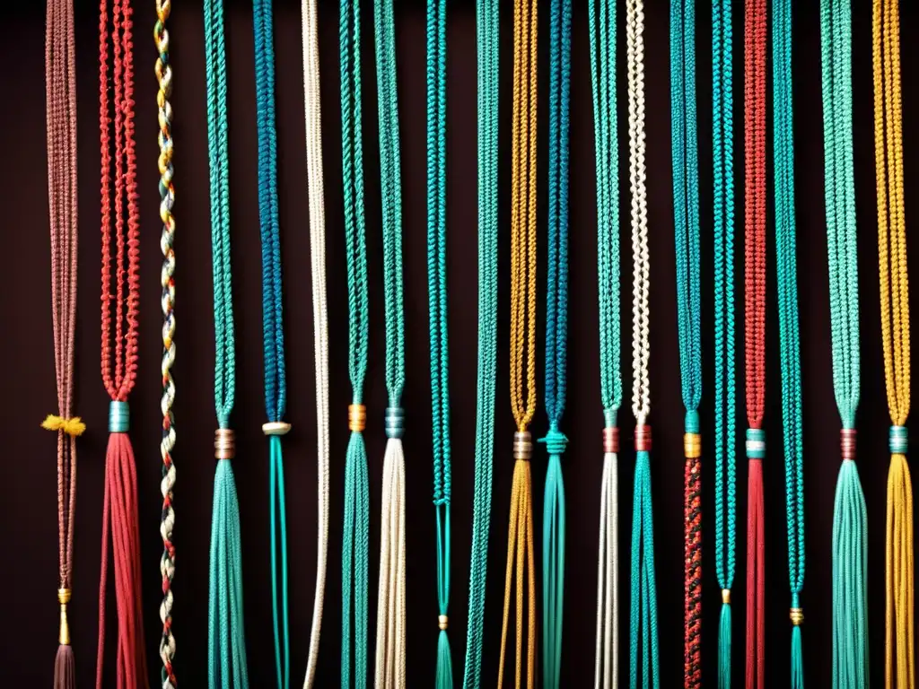 Detalle de un quipu bien conservado, mostrando la intrincada disposición de cuerdas y nudos en una atmósfera académica