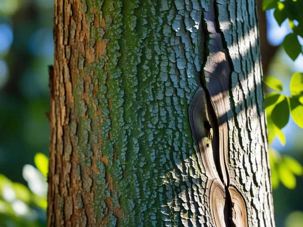 Detalle de la corteza de un árbol con luz solar entre las hojas, evocando sabiduría y reflexión