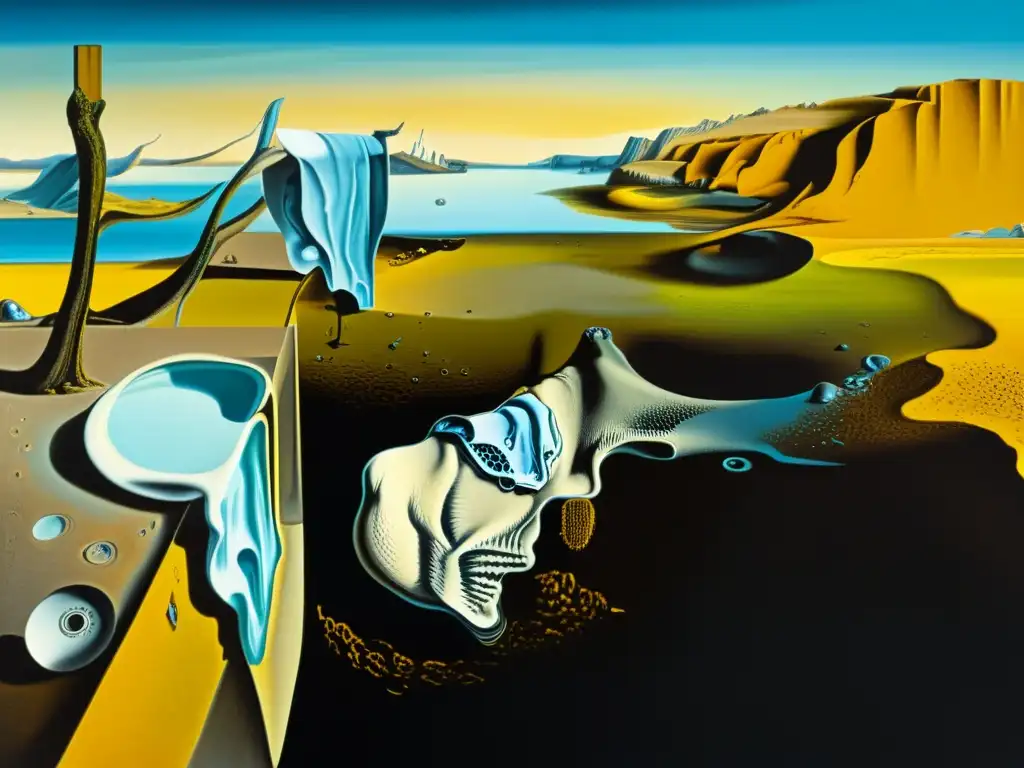 Detalle de los derretidos relojes de Salvador Dalí en un paisaje surrealista, capturando la esencia del surrealismo en la política postmoderna