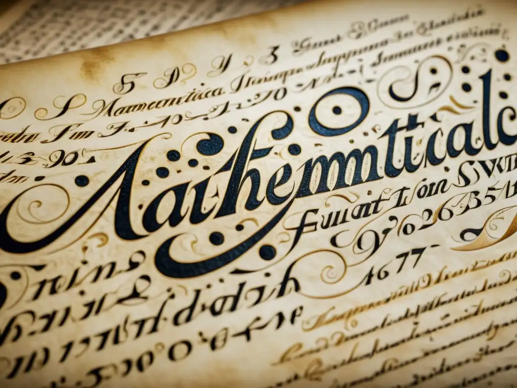 Detalle de una elegante ecuación matemática escrita en caligrafía, con símbolos e números intrincados, sobre pergamino envejecido