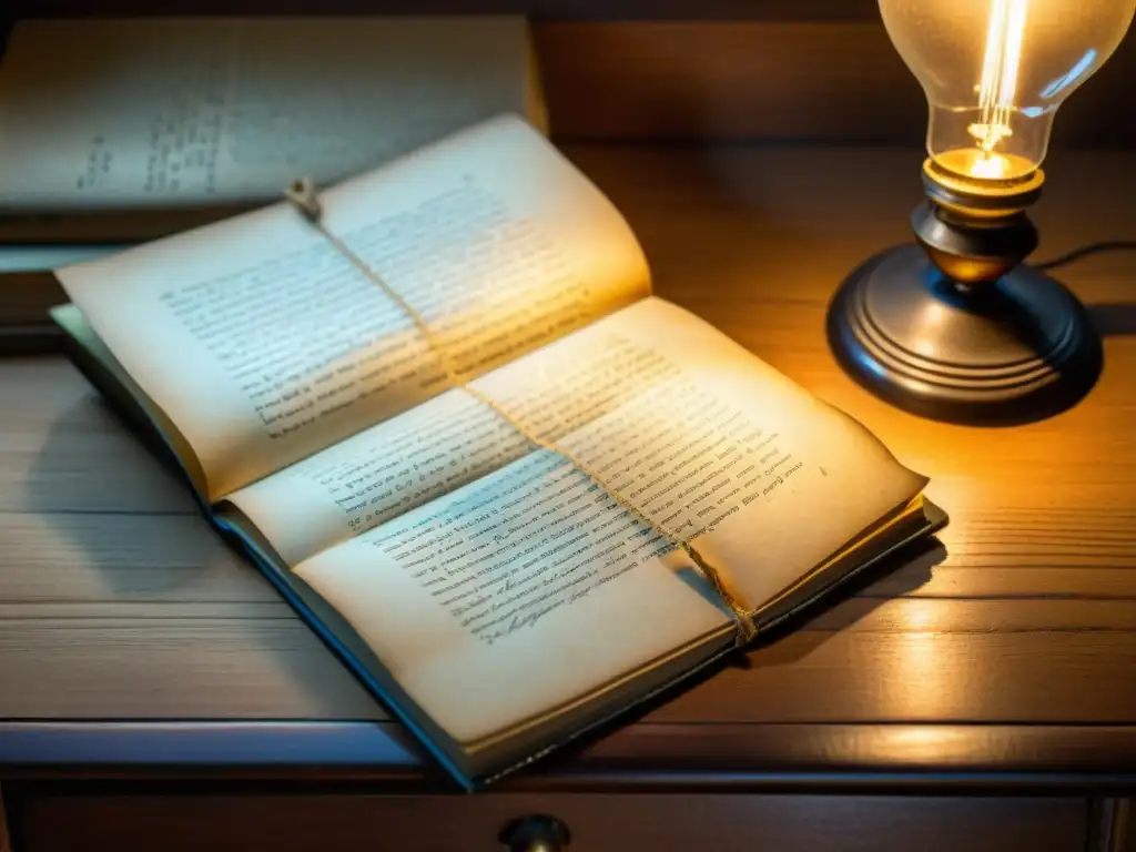 Detalle de los Ensayos de Montaigne en un escritorio de madera iluminado por una lámpara vintage, evocando la filosofía contemporánea