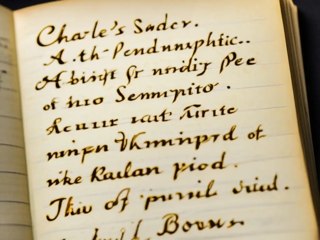 Detalle envejecido de las notas manuscritas de Charles Sanders Peirce sobre la semiótica, rodeadas de libros de filosofía
