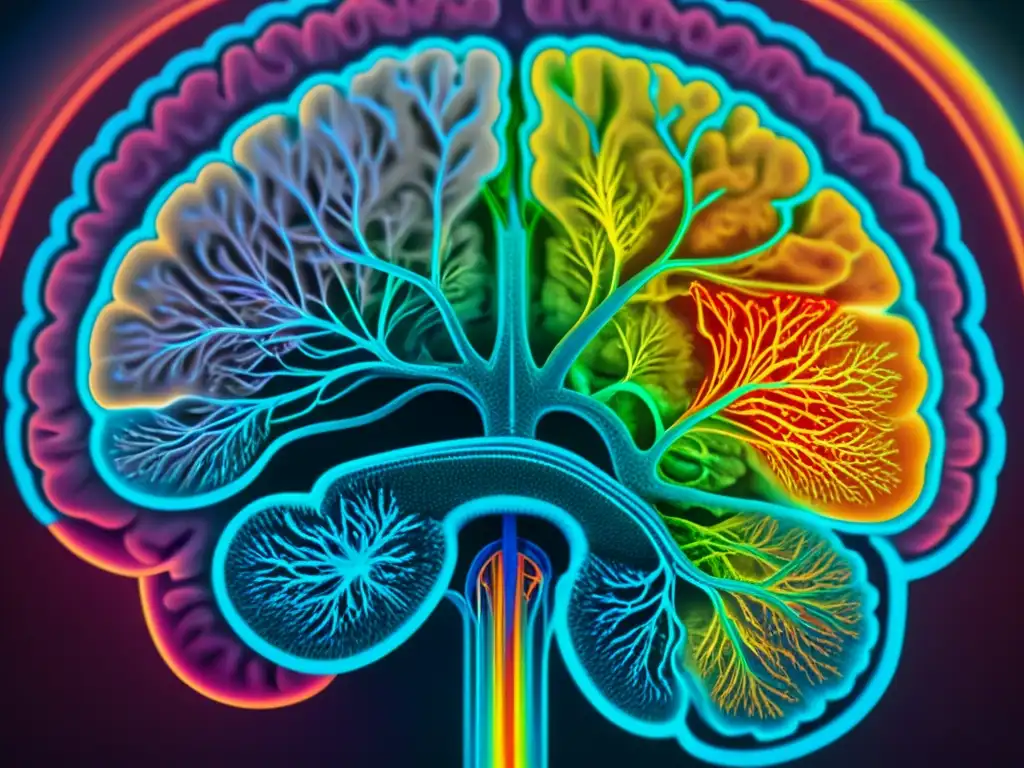 Detalle de un escaneo cerebral mostrando complejas conexiones neuronales en colores vibrantes