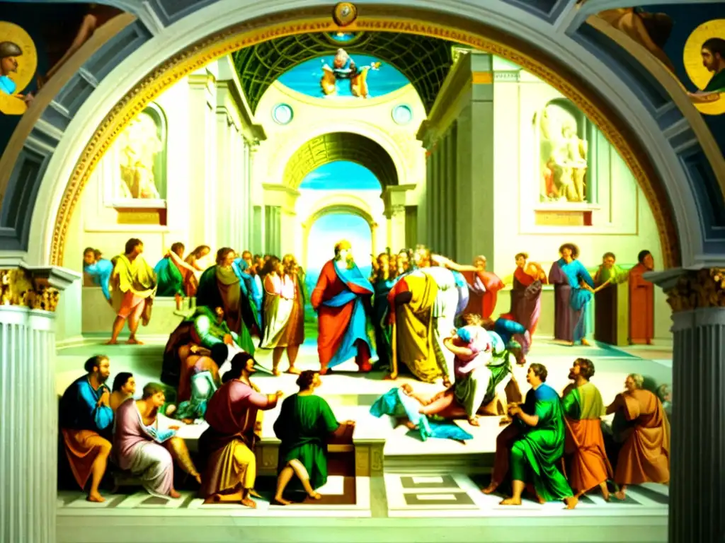 Detalle de 'La Escuela de Atenas' de Rafael, con Platón y Aristóteles en profunda discusión rodeados de prominentes filósofos, capturando la influencia de Platón en el Renacimiento