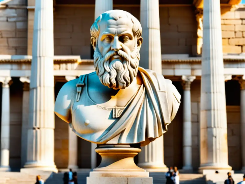 Detalle de la escultura de mármol de Platón en la Academia de Atenas, evocando la vida de Platón exploración filosófica