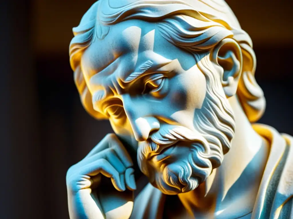 Detalle de escultura de mármol de filósofo pensativo, iluminada por luz suave, evocando sabiduría atemporal