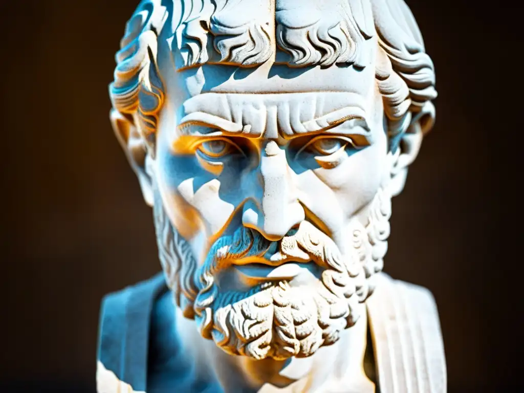 Detalle de escultura de filósofo stoico, expresión serena y sabia