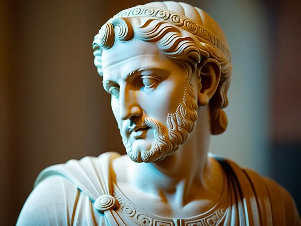 Detalle de una estatua clásica griega o romana, iluminada suavemente para resaltar sus intrincados detalles y evocar el redescubrimiento de la antigüedad clásica y la filosofía del Renacimiento