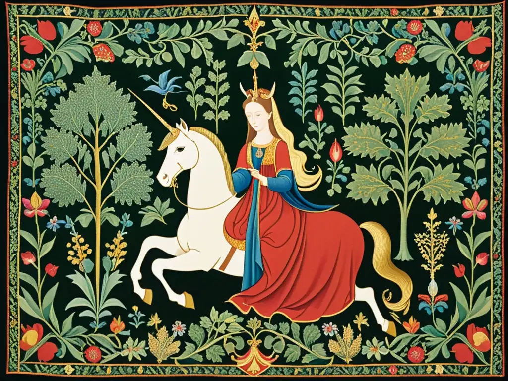 Detalle del famoso tapiz medieval 'La Dama y el Unicornio' con simbolismo y filosofía arte medieval