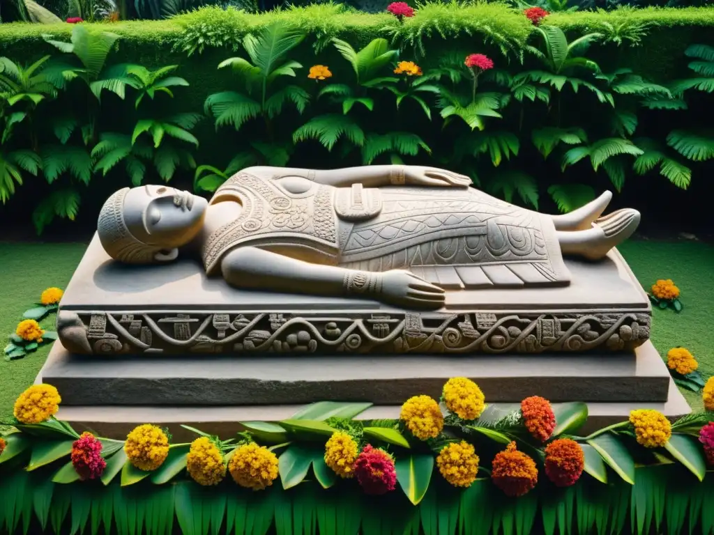 Detalle fascinante de un antiguo sitio funerario mesoamericano con esculturas y rituales de transición, entre exuberante vegetación y flores vibrantes