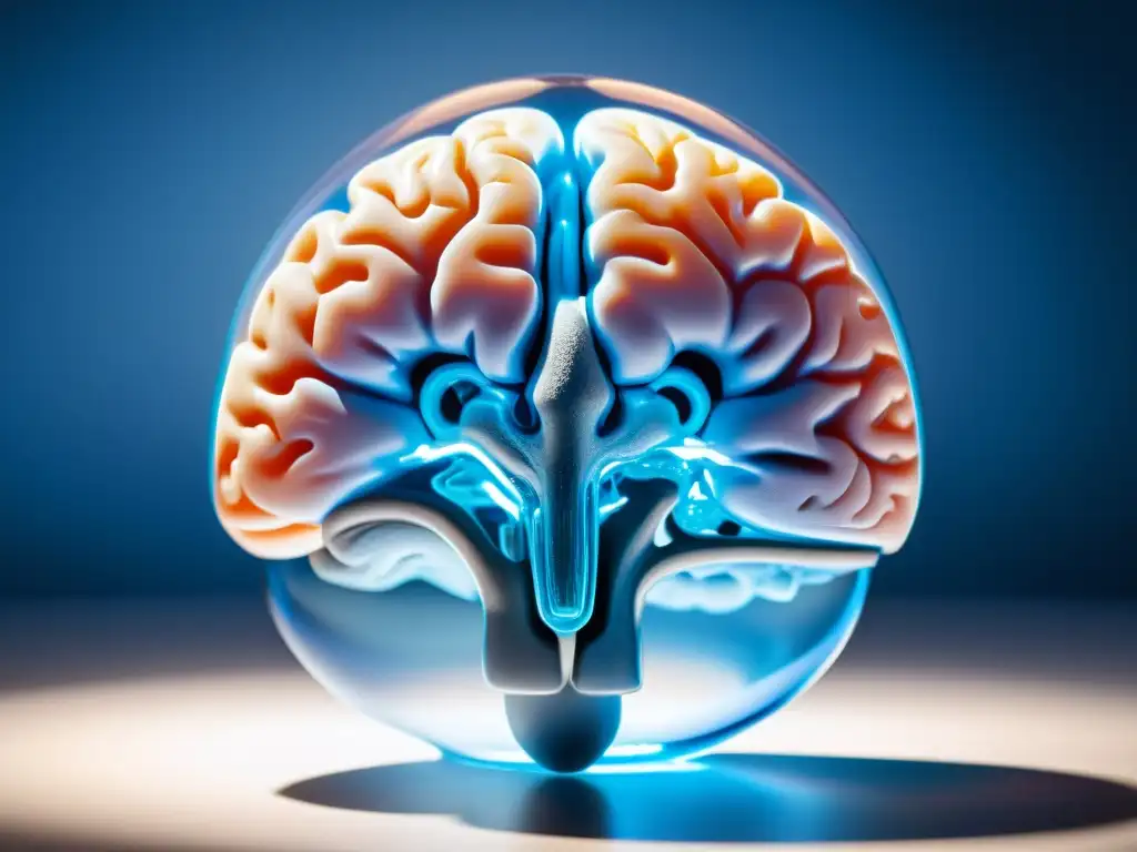 Detalle fascinante de un cerebro humano en líquido azul, ideal para curso online filosofía mente materia