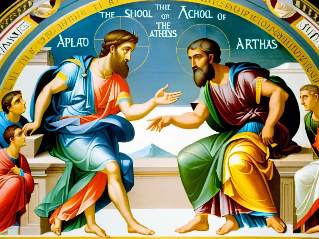 Intenso debate filosófico entre Platón y Aristóteles Detalle del fresco 'La Escuela de Atenas' de Platón y Aristóteles, transmitiendo sabiduría y mentoría en la formación de equipos de alto rendimiento