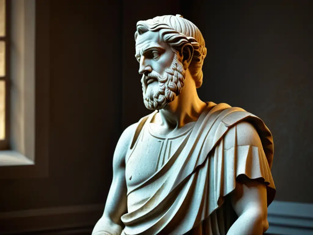 Detalle de estatua griega de filósofo en ambiente atemporal, iluminado por luz natural