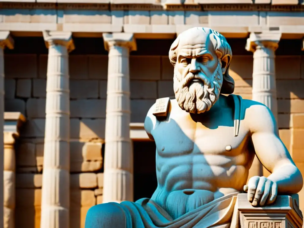 Detalle de estatua griega de Sócrates con expresión pensativa, resaltando sabiduría y misterios filosóficos sin resolver online