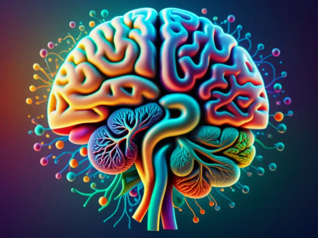Detalle ilustración cerebro humano con complejas conexiones neuronales, entrelazado con patrones coloridos que simbolizan emociones