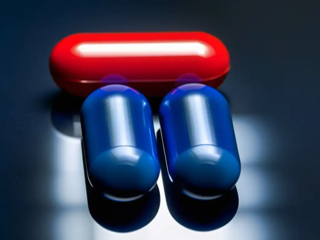 Detalle de las icónicas píldoras roja y azul de 'The Matrix', reflejadas en una superficie, destacando la elección y simbolismo