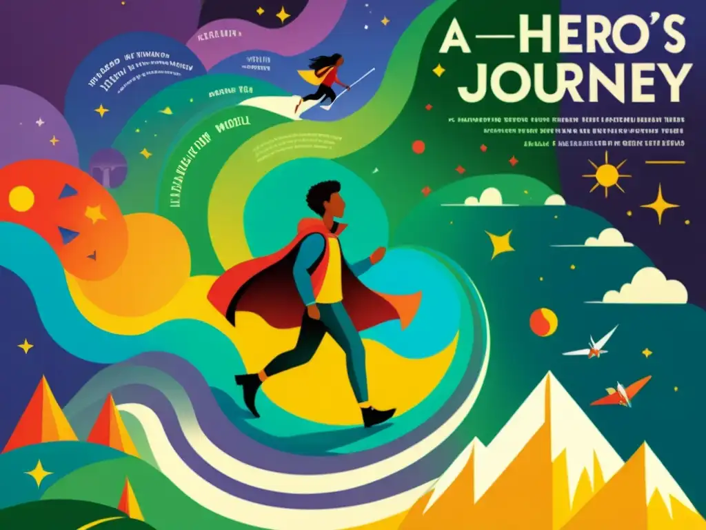 Detalle de ilustraciones detalladas que representan el viaje del héroe, con colores vibrantes y composiciones dinámicas