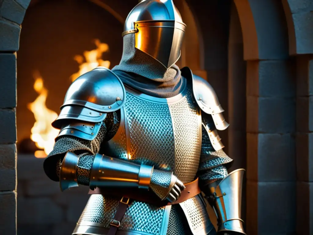 Detalle impresionante de la armadura de un caballero medieval, reflejando la filosofía y códigos morales de la caballería