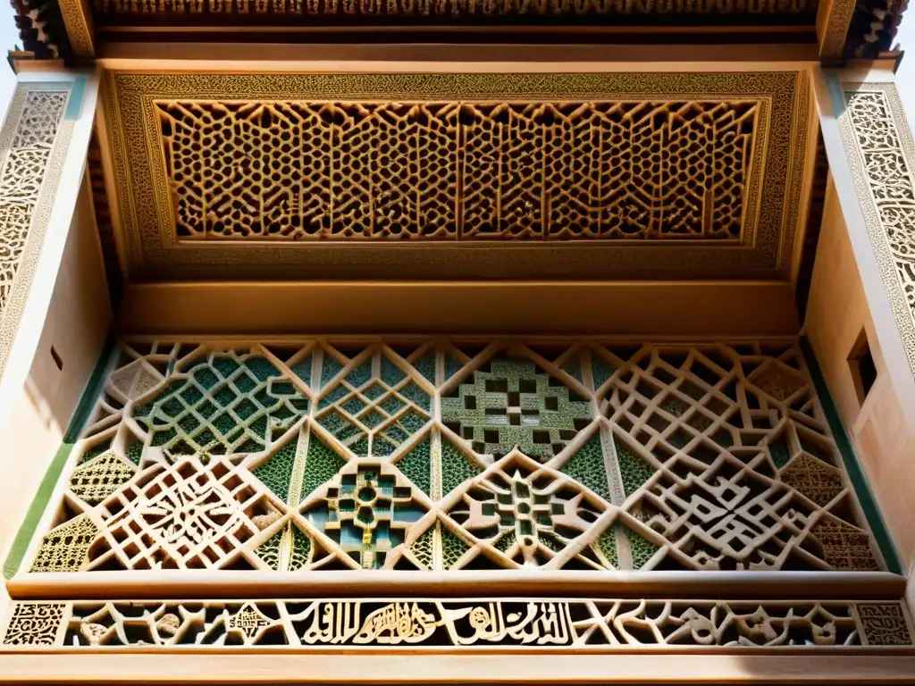 Detalle de la impresionante arquitectura de la razón AlKindi en la Alhambra, fusionando arte y matemáticas en patrones islámicos