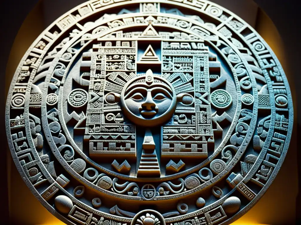 Detalle impresionante del calendario azteca esculpido en piedra, resaltando la artesanía y las expresiones filosóficas mesoamericanas artefactos