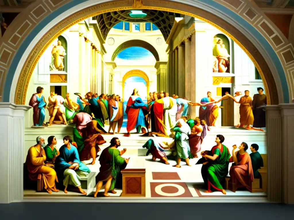 Detalle impresionante de la Escuela de Atenas de Rafael, mostrando la riqueza de la historia de la filosofía occidental