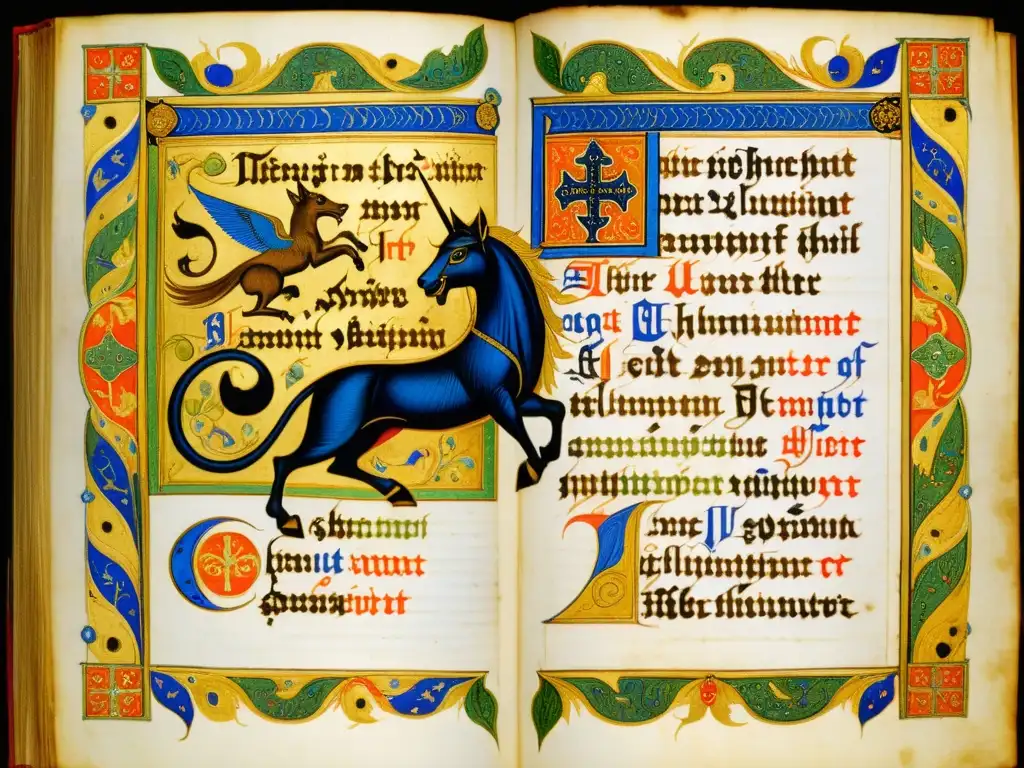 Detalle impresionante de manuscrito medieval con criaturas míticas y escenas religiosas
