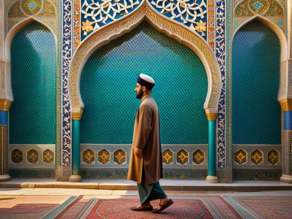 Detalle impresionante de un mosaico persa en una mezquita histórica, con patrones geométricos vibrantes y una rica paleta de colores