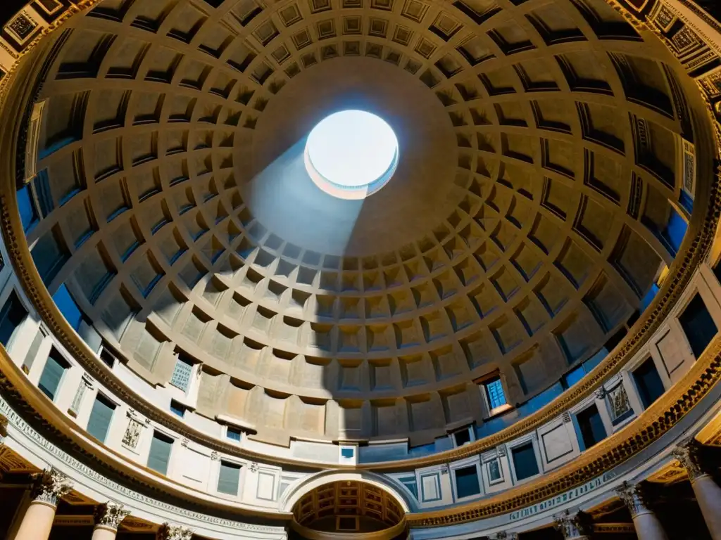 Detalle impresionante del Panteón en Roma, resaltando la influencia filosófica en arquitectura sagrada y la majestuosidad de la estructura
