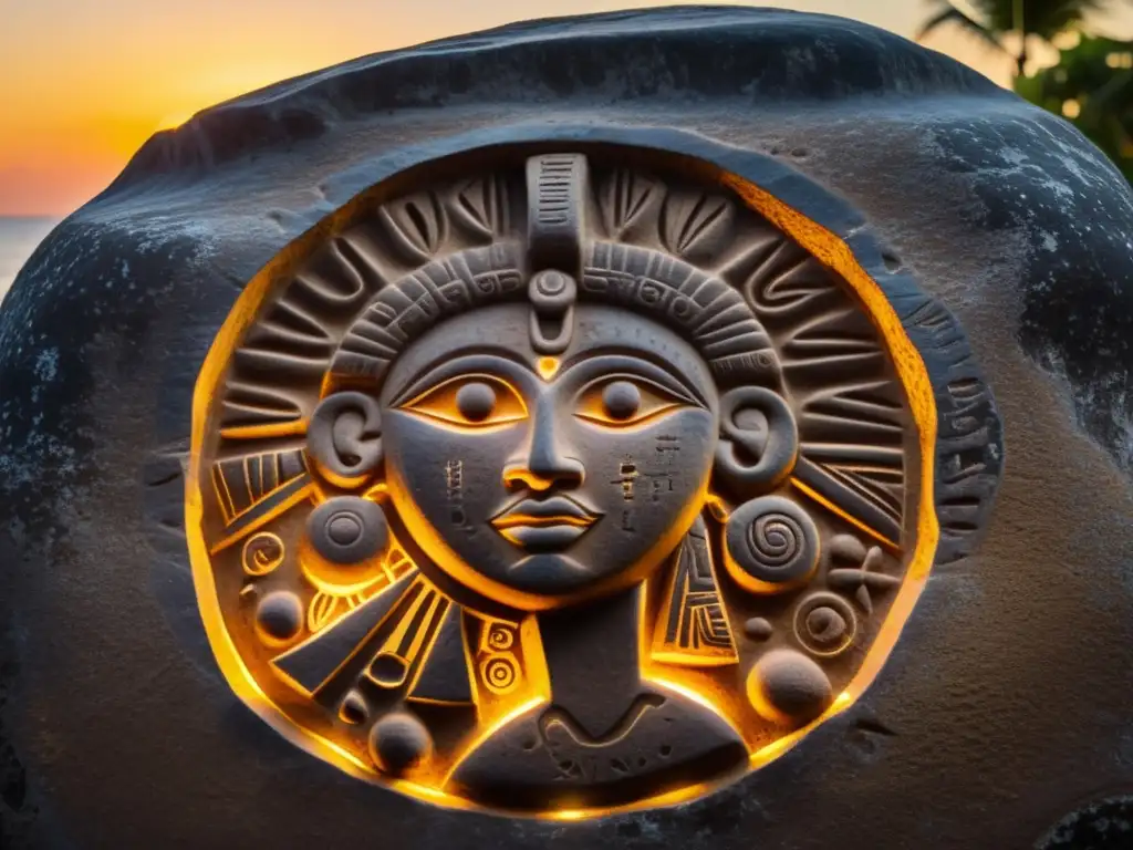 Detalle impresionante de petroglifo taíno iluminado por el atardecer caribeño, capturando la filosofía del Caribe precolombino
