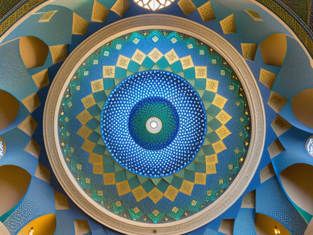 Detalle impresionante del techo de una mezquita con intrincados patrones geométricos en tonos vibrantes de azul, verde y oro