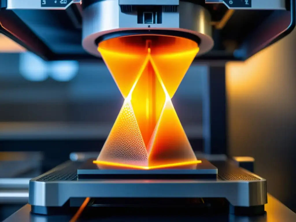 Detalle de impresora 3D creando escultura geométrica, destacando innovación tecnológica en la economía