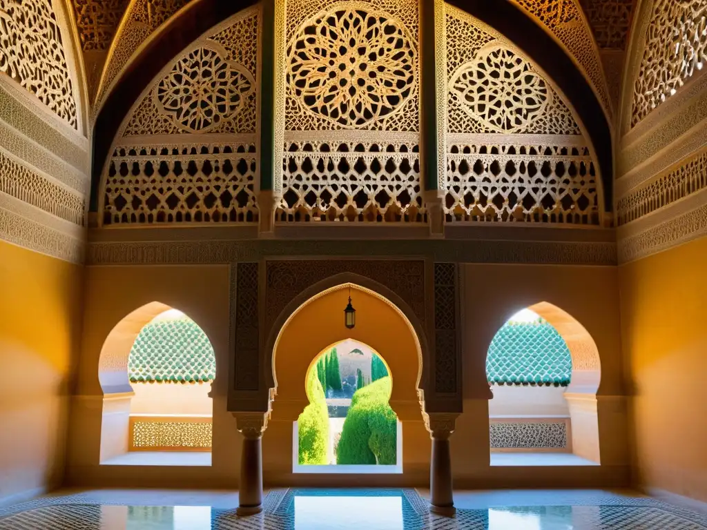 Detalle intrincado de la arquitectura islámica en la Alhambra, Granada, exudando belleza y esotérica filosofía islámica dimensión