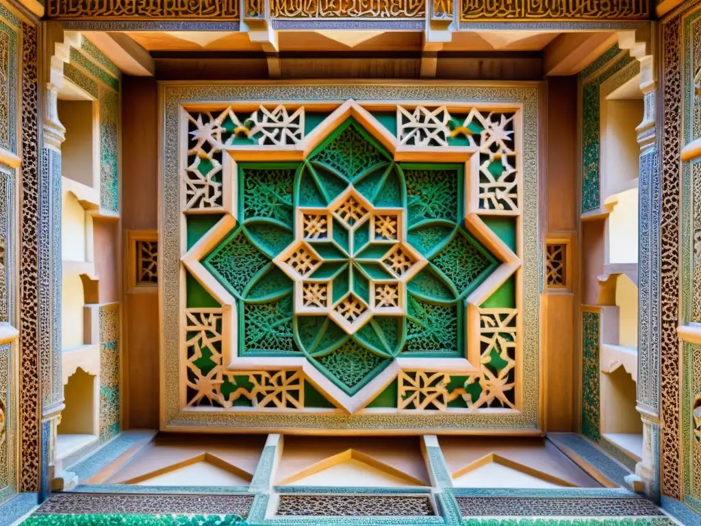 Detalle del intrincado diseño geométrico islámico en el techo de la Alhambra, Granada, capturando la influencia de la filosofía islámica renacentista