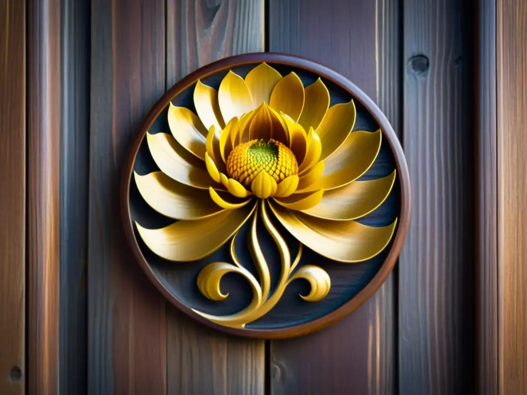 Detalle intrincado del Sello Imperial de Crisantemo tallado en madera antigua
