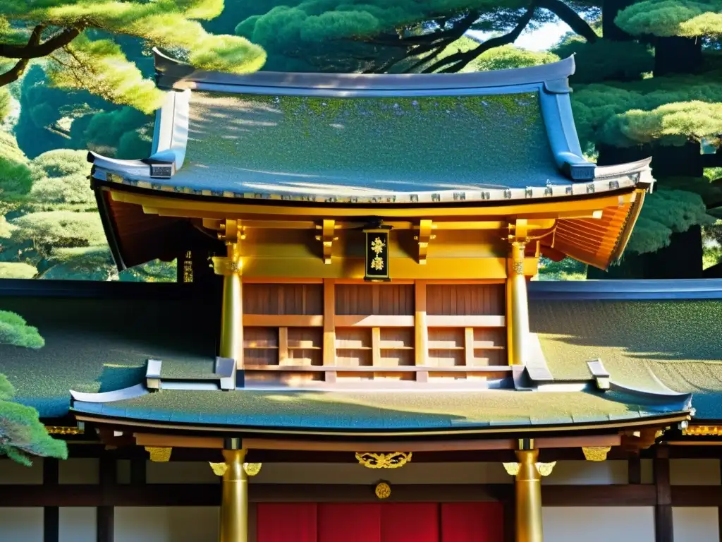 Detalle de los intrincados grabados y detalles en oro del Santuario Meiji en Tokio, iluminados por el sol entre los árboles