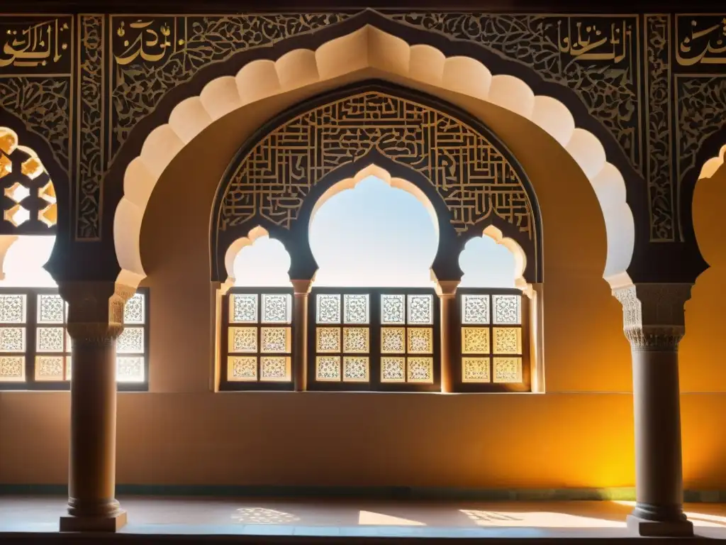 Detalle de una madrasa islámica histórica con hermosos azulejos y arcos