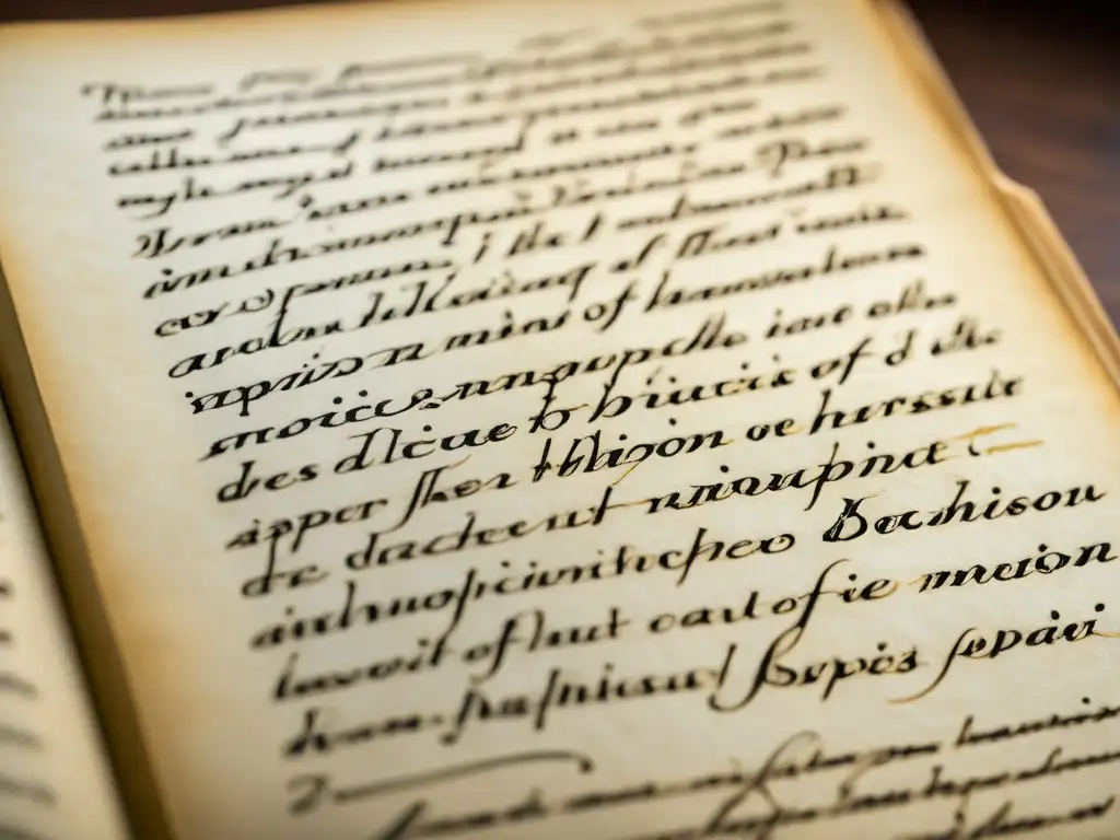 Detalle de manuscrito antiguo de Spinoza sobre el equilibrio razón emoción, con letras delicadas y páginas amarillentas