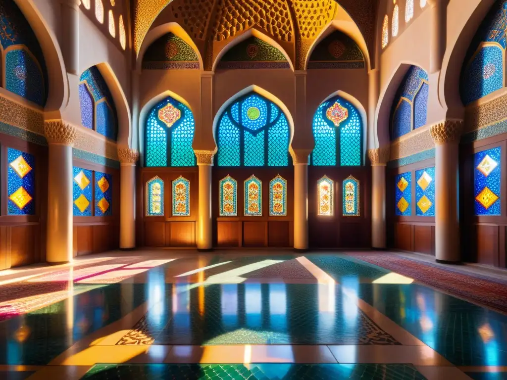 Detalle 8k de una mezquita sufí con patrones geométricos, caligrafía, luz solar, mosaicos y adoradores en contemplación, creando un ambiente espiritual comparativa racionalismo sufismo análisis
