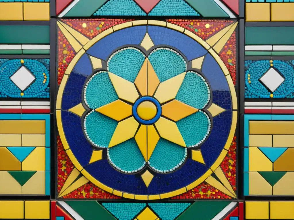 Detalle de un mosaico que refleja la diversidad del pensamiento sincretista a través de patrones geométricos y colores vibrantes
