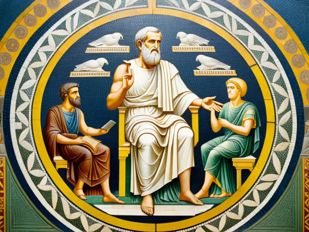 Detalle de mosaico griego que representa a Aristóteles y sus estudiantes en profunda discusión filosófica, reflejando la ética según Aristóteles