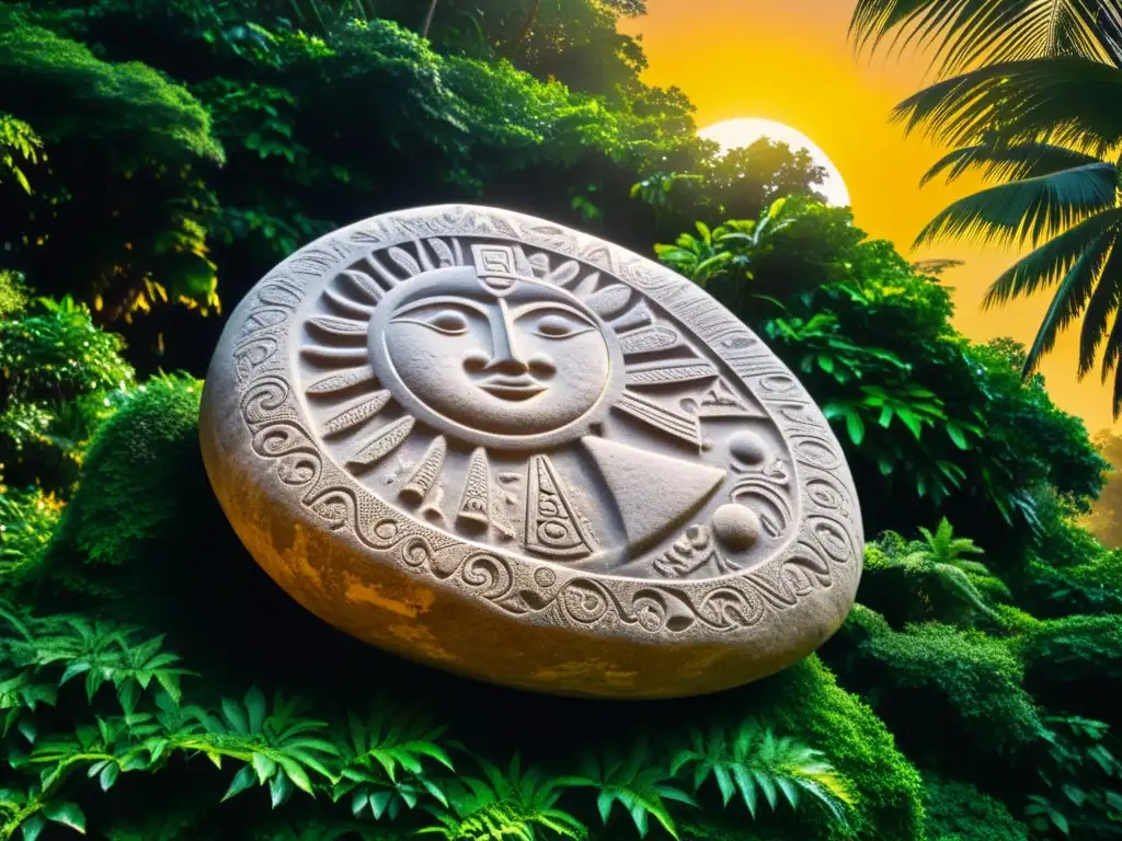 Detalle nítido de petroglifo taíno en piedra grande, rodeado de exuberante vegetación tropical