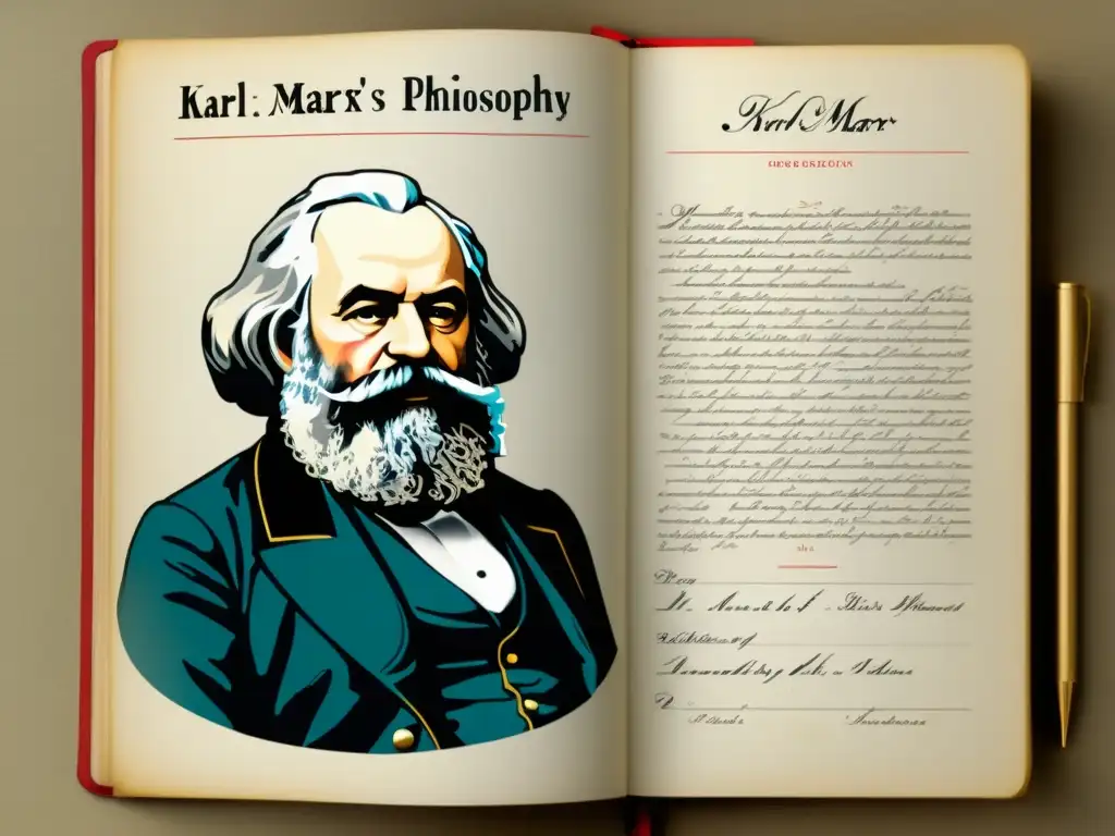 Detalle de notas manuscritas de Karl Marx sobre filosofía económica, rodeadas de libros y documentos históricos