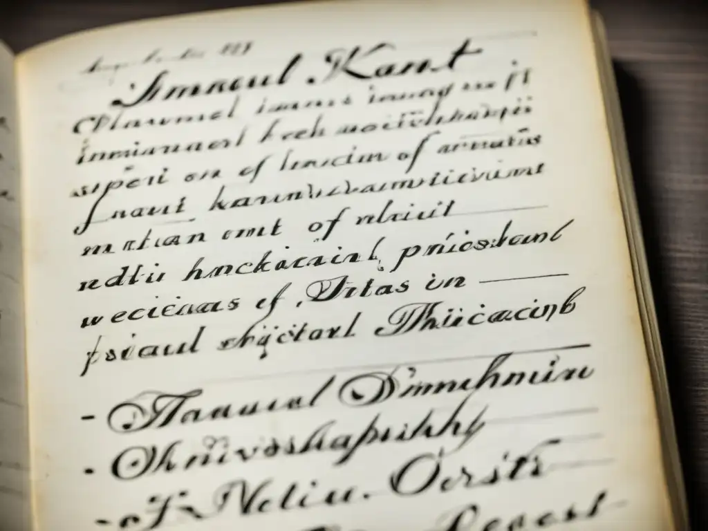 Detalle de las notas manuscritas originales de Immanuel Kant sobre educación filosófica, en una habitación de estudio antigua y tenue