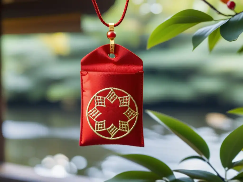 Detalle de un omamori japonés con símbolos de protección en Shinto, bordado en seda roja y dorada
