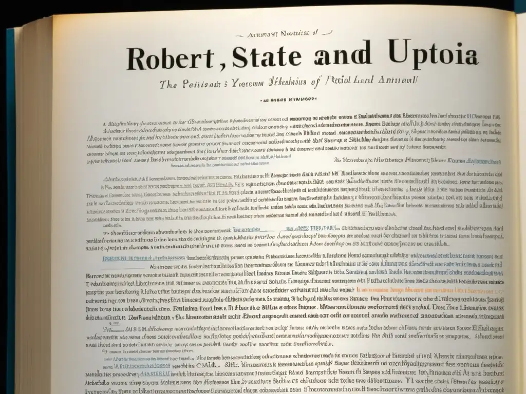 Detalle de página de 'Anarchy, State, and Utopia' de Robert Nozick, resaltando argumentos y críticas