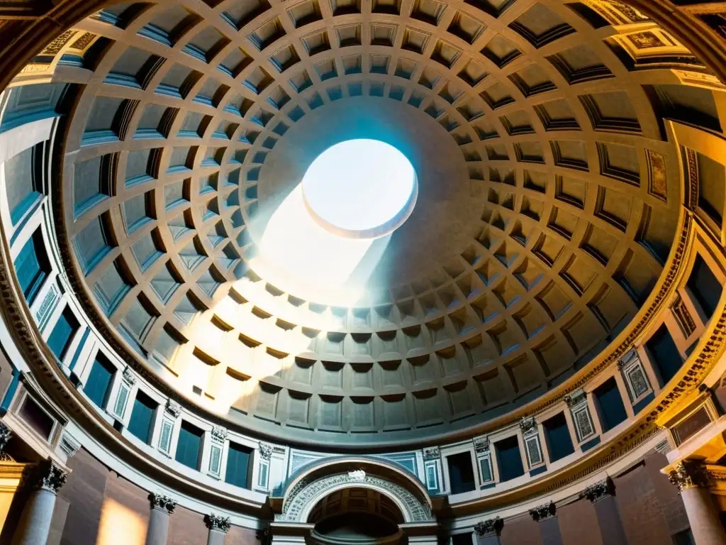 Detalle del Panteón en Roma, reflejando la influencia filosófica en arquitectura sagrada a través del juego de luz y sombra en el óculo, mostrando la belleza etérea y contemplativa de este espacio sagrado