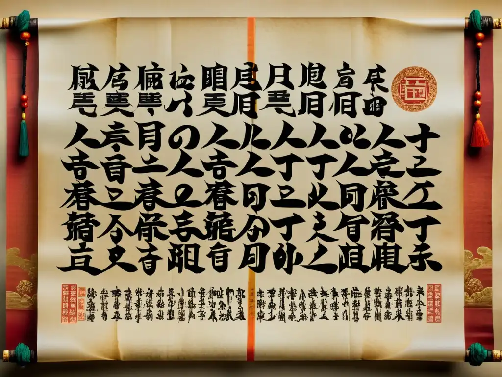 Detalle de pergamino chino con caligrafía y ilustraciones, junto a manuscrito de 'Metaphysics' de Aristóteles